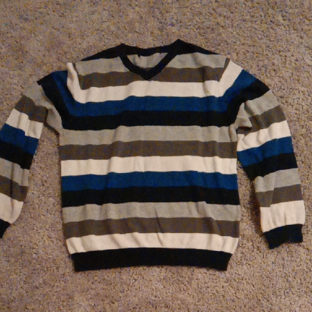 Place Men's V-Neck Sweater - Blue, Gray, Black Stripes